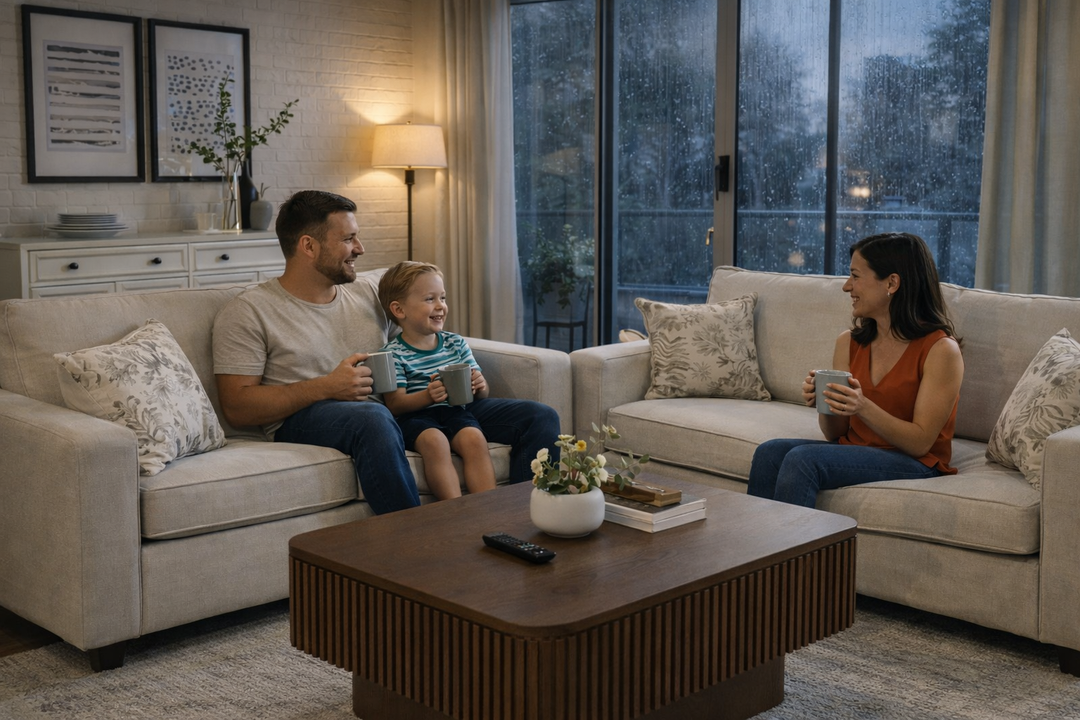 Cozy Rainy Day Living Room with Cream Sofa Set & Modern Wood Coffee Table